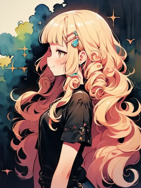 ((sideview)),solo,upperbody,(pinkblonde color (ringlets:1.3 curl) princess long hair),(blunt bangs),white eyes,princess dress, ripped jeans, red scar,like a painting, watercolor painting style,smile, The Art of Mathematics, Official Art, Masterpiece, beaut...