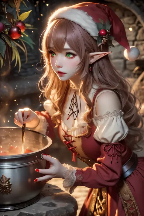 (Ultra-detailed face, Looking away, Fantasy Illustration with Gothic. Dark tone colors.), BREAK 
(Eladrins female Santa Claus is in a medieval European-style stone kitchen furnace, simmering a large pot of stew, stirring it with a large spoon and tasting i...