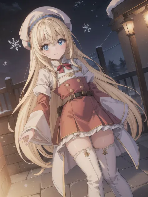 She is dressed in a classic Santa Claus outfit, with a red and white coat, a matching skirt, and black boots, perfectly tailored to her small frame. On her back, she carries a large, white sack filled with presents, the soft fabric of the bag hinting at it...