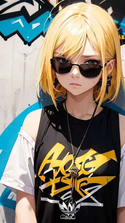 masterpicece, best quaility, girl, cold expression, shorts yellow hair, wearing black sunglasse, Wearing long cross earrings, Only the upper body appears, close - up, wearing adidas, graffiti on the wall, colorful graffiti, Clear picture quality, 4k pictur...