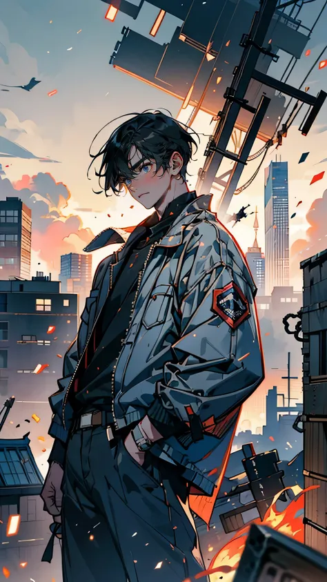 “A 35-year-old Japanese man with short, neatly kept black hair, wearing a work jacket and jeans, standing on a construction site. His expression is serious and determined, as he looks into the distance. Behind him are piles of rubble and metal scaffolding,...