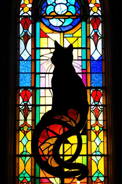 araffe silhouette of a cat in front of a  stained glass window, Eugenius Zacks mosaic ,  Pixabay contest winner , Art Nouveau, on a  stained glass window, maxim verehin  stained glass, backlit  stained glass,  Cat Silhouettes ,  stained glass,  stained gla...