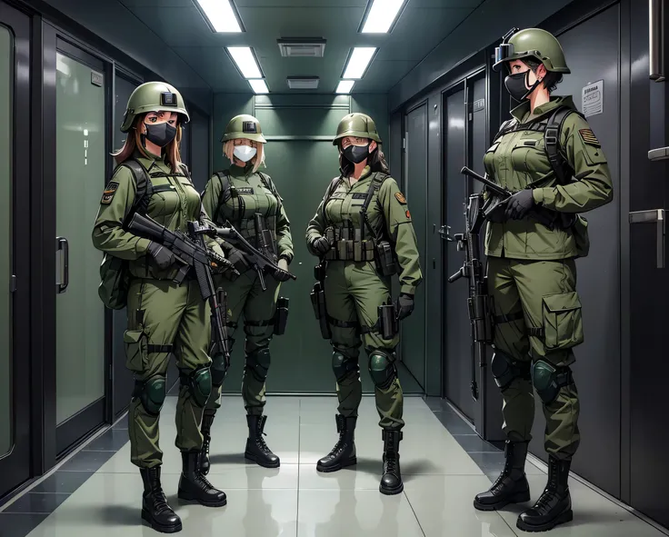  five female special forces in dark green M51 military uniforms， Special Steel Helmets 、 anti-virus mask 、Goggles、Combined magazine bag 、Tactical shoulder strap、Military Pants、Knee pads、In front of the elevator entrance 、Standing guard with gun、 best quali...