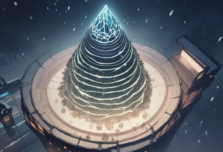 a giant holographic Christmas tree glowing in the night sky, viewed from above and afar, night, heavy snowing, futuristic, north pole, ice, research base, dome, flat snowy terrain 