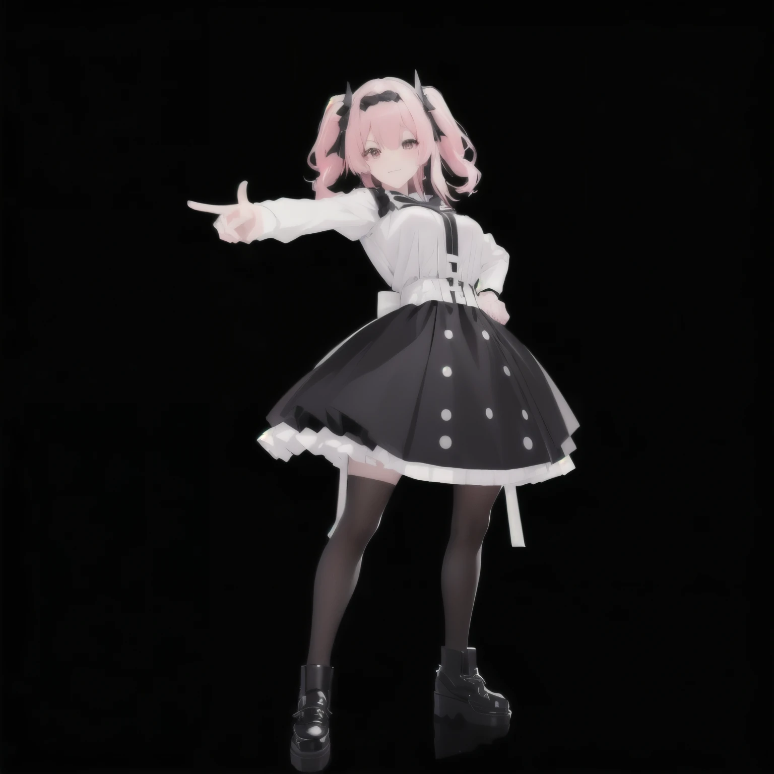  of a woman in a black and white dress pointing at something, Live2D virtual YouTuber model ,  anime Vtuber full body model , Anime style 3d,  Single character full body  , posture, Yandere. High target,  gapmoe Yandere ,  Animated Cute Style , A single ch...