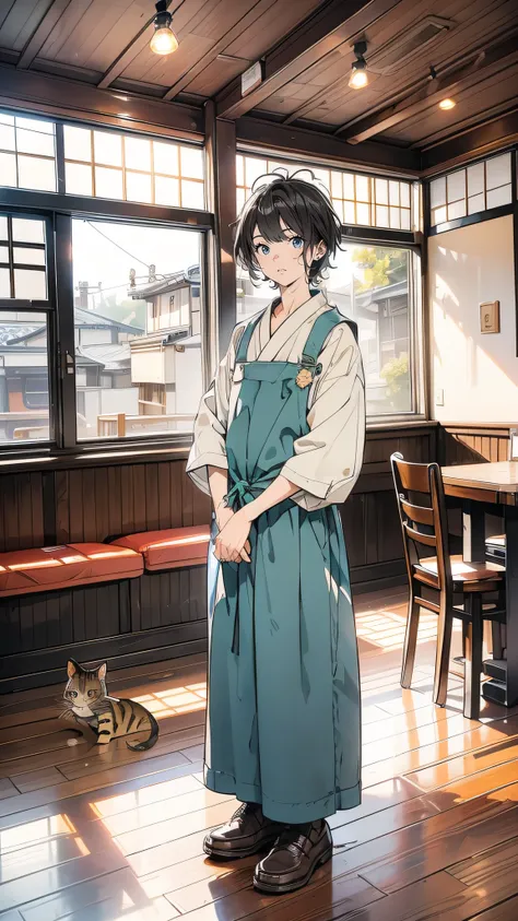 「A 22-year-old Japanese man with short, slightly messy black hair. He wears a casual cafe uniform consisting of a light button-up shirt and an apron, looking cheerful and friendly as he interacts with the cats. His expression is bright and warm, showing hi...