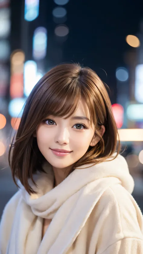 highest quality、genuine、Super detailed、finely、High resolution、8k wallpaper、one beautiful woman、light brown hair、sharp focus、perfect dynamic composition、beautiful and detailed eyes、thin short hair、Detailed genuine skin texture、smile、model body shape、at wint...