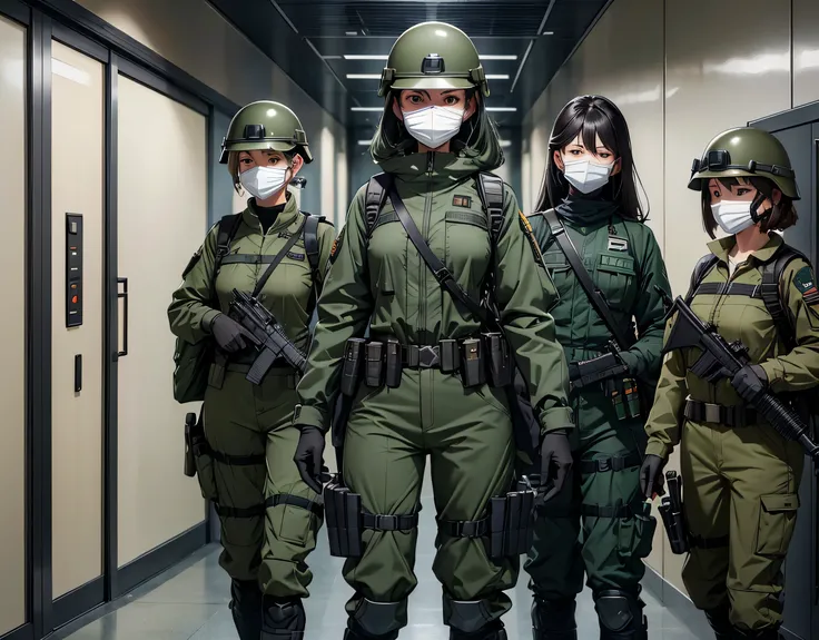  five female special forces in dark green M51 military uniforms， Special Steel Helmets 、 anti-virus mask 、Goggles、Combined magazine bag 、Tactical shoulder strap、Military Pants、Knee pads、In front of the elevator entrance 、Standing guard with gun、 best quali...