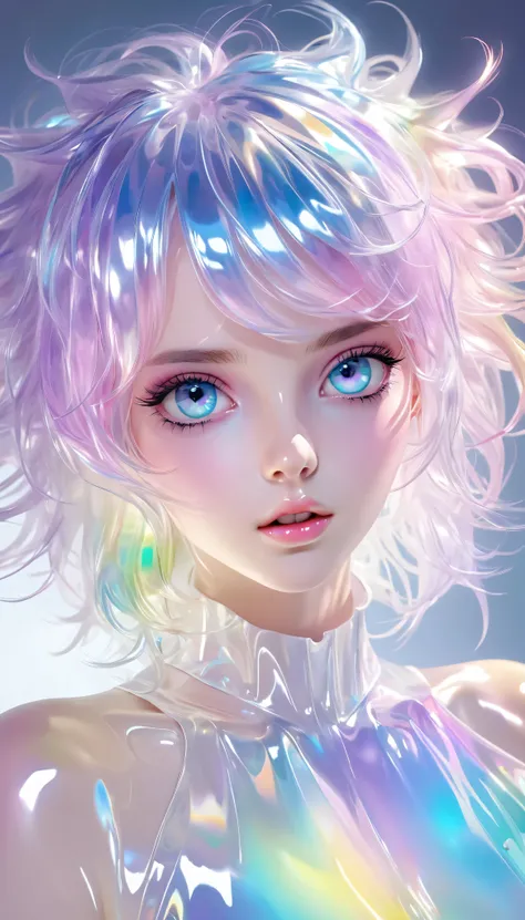 conceptual installation pastel color colorful artwork, kawaii beauty, striking beautiful eyes, glossy silky messy hair, amorous and lewd expression, perfect proportions, wearing transparent iridescent naturally luminous, delicate and dynamic textures, cont...