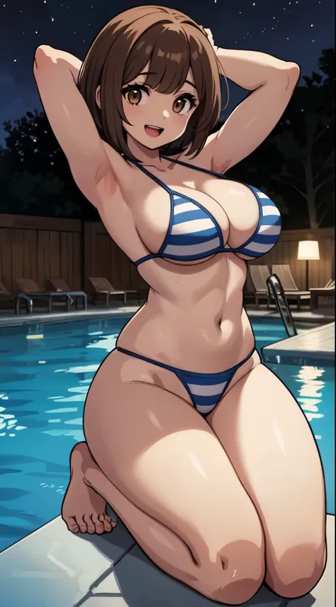 ( perfect body), top quality,( 8K Portrait ),( Official Art )、OL、 25 year old woman、 One Girl 、(((:d、hot)))、((Big Breasts、 thigh thickness、 legs are spread out 、Armpits、 hands behind their heads))、(( thigh thickness))、( bob cut)、( split bangs :1.5)、( brown...