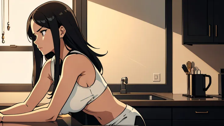 illustration, a young woman with long black hair in the kitchen of her appartment, medium boobs, wearing a white crop top and black shorts and making food, soft sunlight pouring through the window creating a warm golden glow, muted tones with smooth shadin...