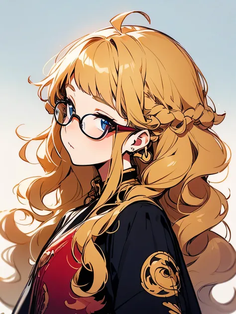 sideview,18years old, older sisters face,Blonde (wavy curly small ringlets:1.2 afro) long hair,undercut,glasses,offshoulder:1.2,waiting for kissing+,Silk Road folk costume、Lonely、(cool model pose),stylish,(manga style),(sketch),(illustration),