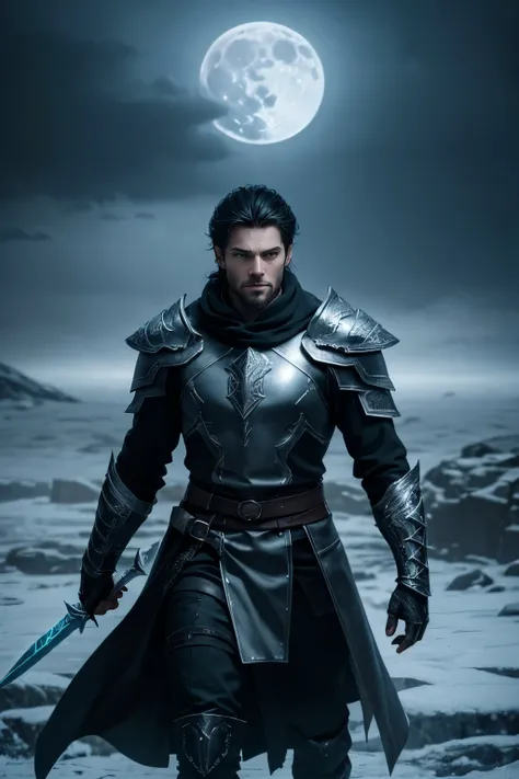 A strikingly handsome male demon hunter in a dark, frozen wasteland. He has sharp features, icy blue eyes, and pale skin with a faint glow, reflecting the cold winter environment. His black, frost-covered armor is adorned with silver runes, and he wields a...