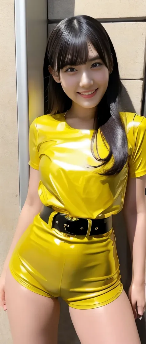  pure idol girl（ shiny hair ）、、Thick legs、Cool Belt、yellow latex tight shorts、、Good style、A pure girls face