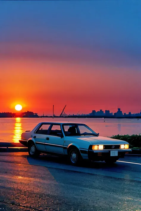 Japan in the 80s、The car is parked at the port、The sun is setting over the sea