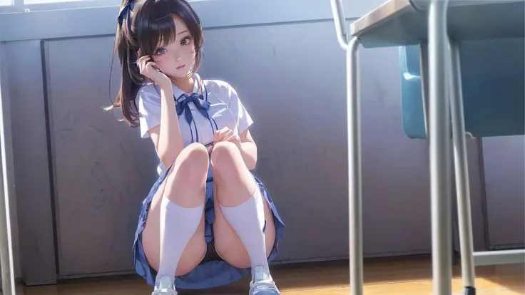 anime girl sitting on the floor in a school uniform, the anime girl is crouching, beautiful anime girl squatting, smooth anime cg art, seductive anime girl, beautiful anime high school girl, a hyperrealistic schoolgirl, anime visual of a cute girl, anime b...