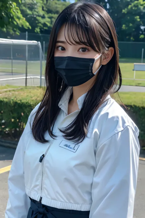 (8k, RAW Photos,highest quality, High resolution:1.1), (ultra-realistic:1.4),(Realistic, Realistic:1.3),The Beauty of Japan、Thick black hair、 hairstyle shortcut、Upper Body、Fencing team - white fencing jackets and 白いmasks.

