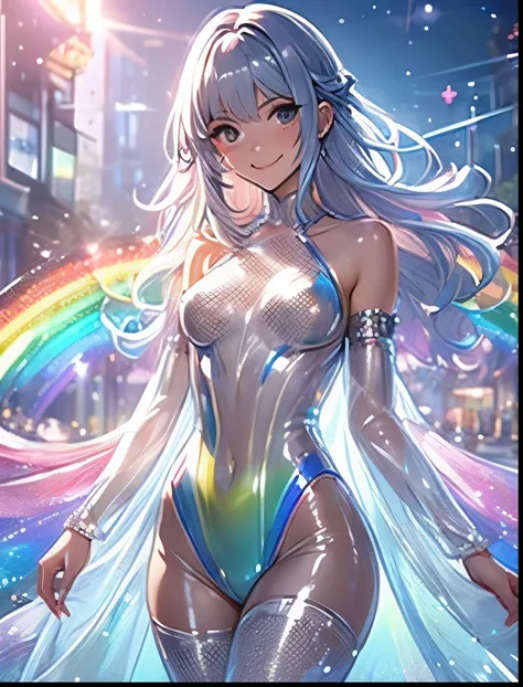 （（（ＳＦＷ、Precision、Highest quality、A first-class masterpiece、Normal body、8k、  Detailed Face 、Ultra-precision、 Normal hand、５refer to、Highest）））、A neat and pretty cute silver-haired beautiful girl in a sparkling, brightly colored, shiny rainbow high-leg enamel...