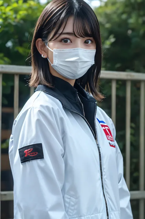 8k, RAW Photos,highest quality, High resolution:1.1), (ultra-realistic:1.4),(Realistic, Realistic:1.3),The Beauty of Japan、Thick black hair、 ear piercing、 hairstyle shortcut、Upper Body、Fencing team - white fencing jackets and 白いmasks.
