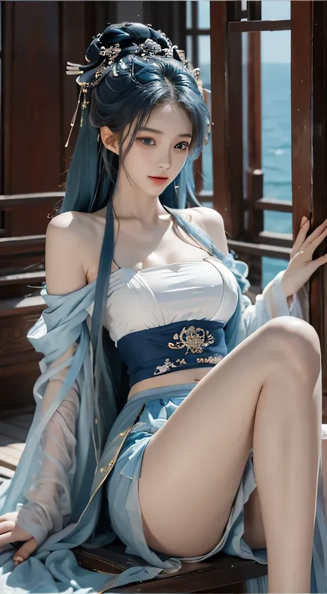 gufeng,Bare shoulders、 best quality、 High Resolution),Photo Award Closeup ，masterpiece，Blue Hair， blue eyes ，Realistic， High Resolution，Soft Light，Colored hair，stage，{{ocean}}，One-piece skirt，Gauze skirt，Thigh strap, Bellyband， Big Breasts , graces posture...