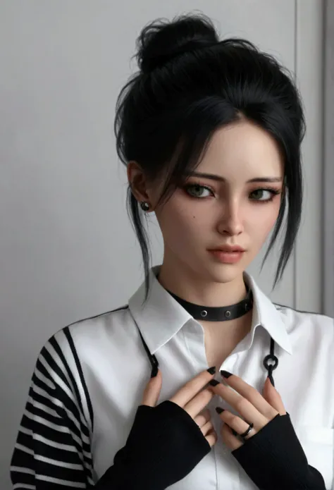   In the realistic professional photography style ,  a young goth girl with hair tied on the sides dark makeup around her eyes necklace around her neck wearing a white shirt with horizontal stripes is standing next to a gray wall, looking to the side with ...