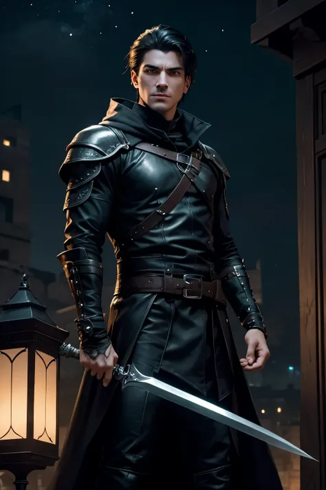 A daring and enigmatic male rogue standing atop the rooftops of a shadowy, medieval city under the summer night sky. He has short, slightly messy black hair and striking grey eyes that seem to pierce through the darkness. Dressed in a sleek, dark leather o...