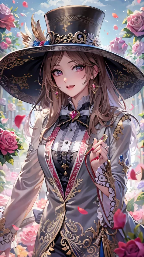 (( top quality)),( super high resolution ),( super detailed ),( detailed description ),(( best CG )),( Best Artwork ), Ultra Precision Art, amazing painting art,(Exquisite art:1.5), Female Magician,  tuxedo, smile,  silk hat,