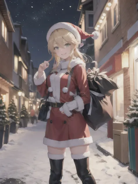 She is dressed in a classic Santa Claus outfit, with a red and white coat, a matching skirt, and black boots, perfectly tailored to her small frame. On her back, she carries a large, white sack filled with presents, the soft fabric of the bag hinting at it...