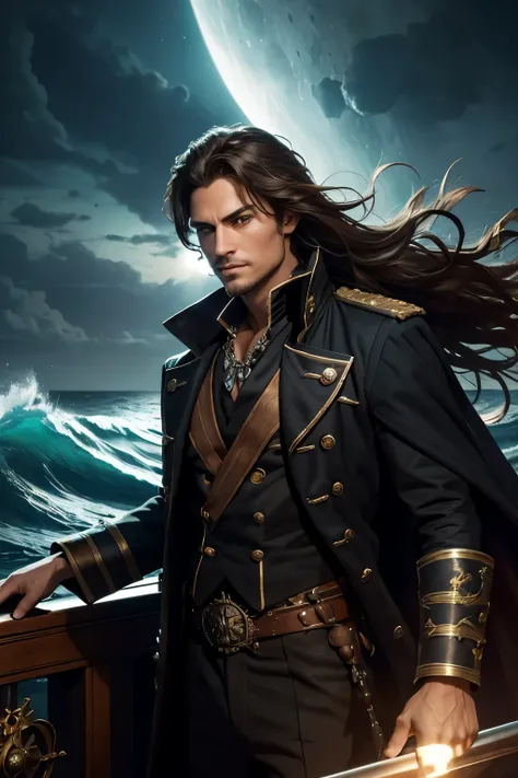 A commanding and alluring male pirate captain on the deck of a ghostly ship sailing through a tempestuous, moonlit sea. His shoulder-length, wavy brown hair is tousled by the wind, and his deep blue eyes glimmer with mischief and power. Wearing a dark, wea...