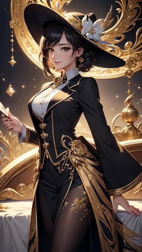 (( top quality)),( super high resolution ),( super detailed ),( detailed description ),(( best CG )),( Best Artwork ), Ultra Precision Art, amazing painting art,(Exquisite art:1.5), Female Magician,  tuxedo, smile,  silk hat,