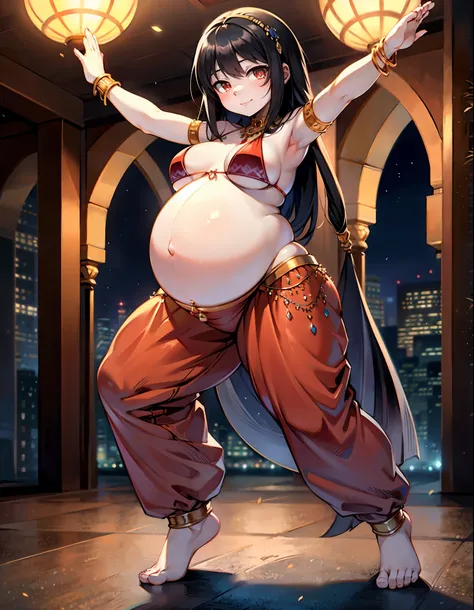 (best quality, ultra-high resolution, depth of field:1.3), (full body shot:1.3), (oppai:1.3), (pregnant:1.3), (wide hips:1.3), beautiful face, (anime girl), radiant eyes, (red eyes:1.3), (black hair:1.3), (wearing a baggy and high harem belly dance pants:1...