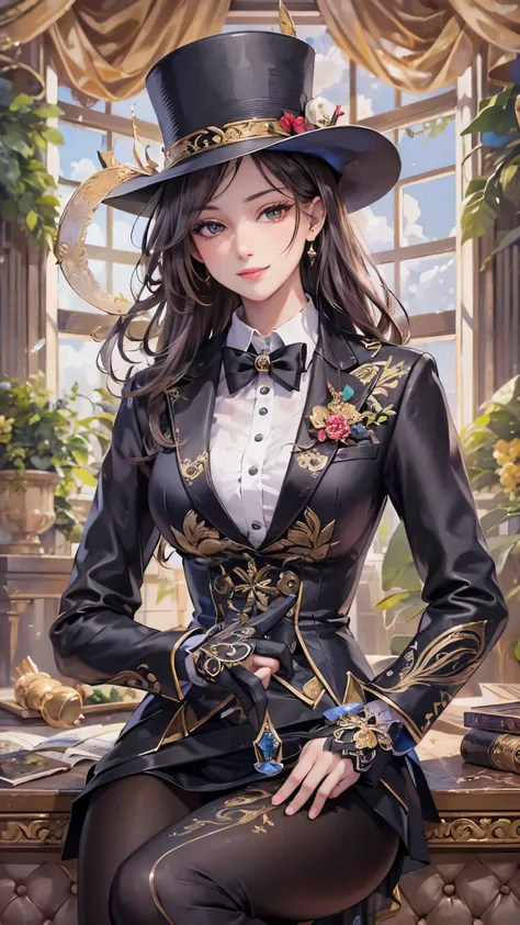 (( top quality)),( super high resolution ),( super detailed ),( detailed description ),(( best CG )),( Best Artwork ), Ultra Precision Art, amazing painting art,(Exquisite art:1.5), Female Magician,  tuxedo, smile,  silk hat,