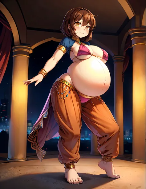 (best quality, ultra-high resolution, depth of field:1.3), (full body shot:1.3), (oppai:1.3), (pregnant:1.3), (wide hips:1.3), beautiful face, (anime girl), radiant eyes, (yellow eyes:1.3), (brown hair:1.3), (wearing a baggy and high harem belly dance pant...