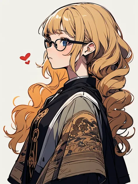 sideview,18years old, older sisters face,Blonde (wavy curly small ringlets:1.2 perm ),undercut,glasses,offshoulder:1.2,waiting for kissing+, silk road folk costume、Lonely、(cool model pose),stylish,(manga style),(sketch),(illustration),