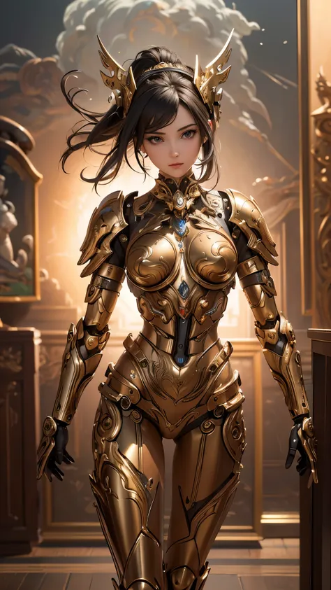 (( top quality )),( super high resolution ),( super detailed ),( detailed description ),(( best CG )),( Best Artwork ), Ultra Precision Art, amazing painting art,(Exquisite art:1.5), Female Robonite ,  Mechanical Body , Mechanical Visor , Mech Armor,  embe...