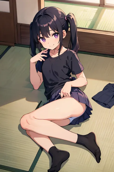  elementary school   flat chest black hair shorts twin tails purple eyes 　smile（（One person））Upper body black short sleeve t-shirt lower body light blue pleated skirt 　 white panties white socks 　（（ can see her panties ）） Rokujoma 　On the tatami　Lie down w...