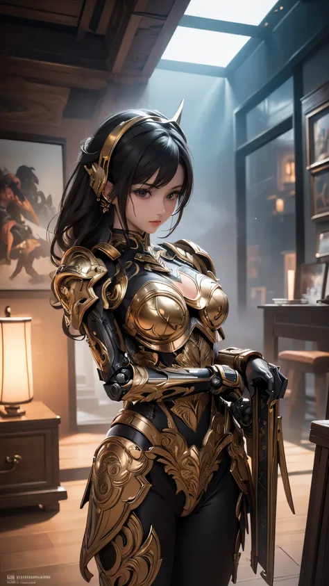 (( top quality )),( super high resolution ),( super detailed ),( detailed description ),(( best CG )),( Best Artwork ), Ultra Precision Art, amazing painting art,(Exquisite art:1.5), Female Robonite , Mechanical Visor , Mech Armor,  embedded precision part...