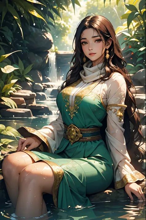 A beautiful woman with long, wavy black hair, sitting peacefully in a stream on a sunny day, wearing a richly ornate, cultural outfit: a soaked deep emerald-green tunic with golden embroidery clinging to her curves, layered with a voluminous maroon skirt t...