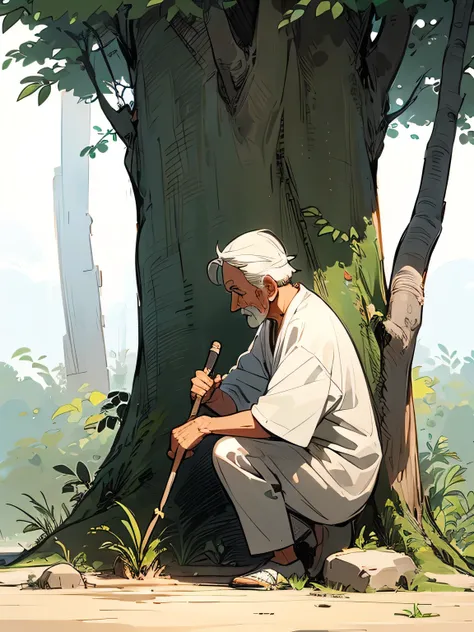 An old man cutting a tree and a  planting a tree ,(manga style),(sketch),(illustration),