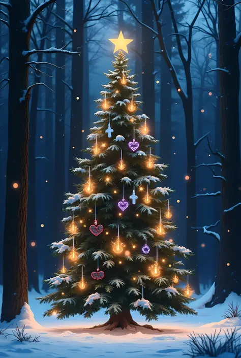 A snow-covered forest glowing under twilight, centered on an enchanted evergreen adorned with Taylor Swift-inspired ornaments: small gold guitars, white horses, purple hearts, red lips, baby blue polaroid camera, black and white snakes, and baby pink cloud...