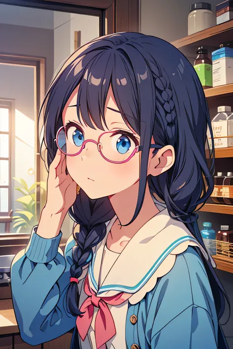 Looking up、 is shy、I have a medicine cabinet、 braids 、Worried face、blue round glasses