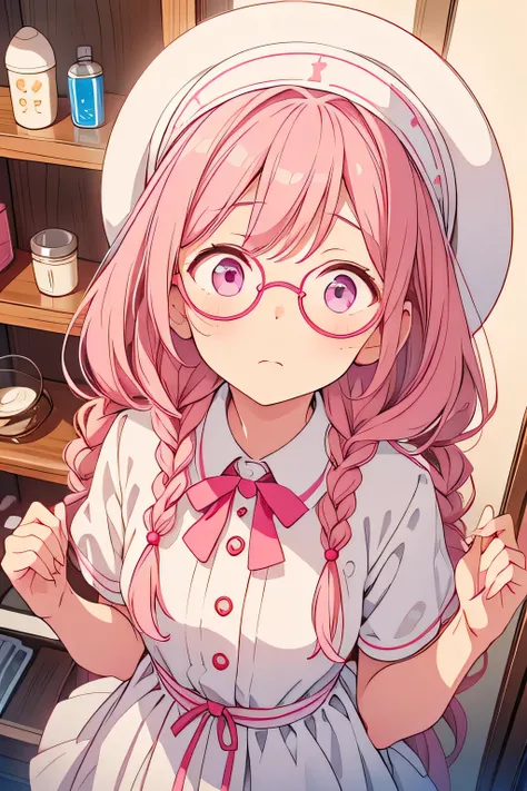 Looking up、 is shy、I have a medicine cabinet、 braids 、Worried face、pink round glasses、Im wearing a white round hat