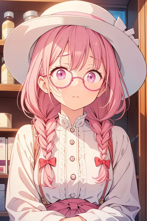 Looking up、 is shy、I have a medicine cabinet、 braids 、Worried face、pink round glasses、Im wearing a white round hat