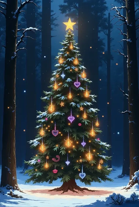 A snow-covered forest glowing under twilight, centered on an enchanted evergreen adorned with Taylor Swift-inspired ornaments: small gold guitars, white horses, purple hearts, red lips, baby blue polaroid camera, black and white snakes, and baby pink cloud...