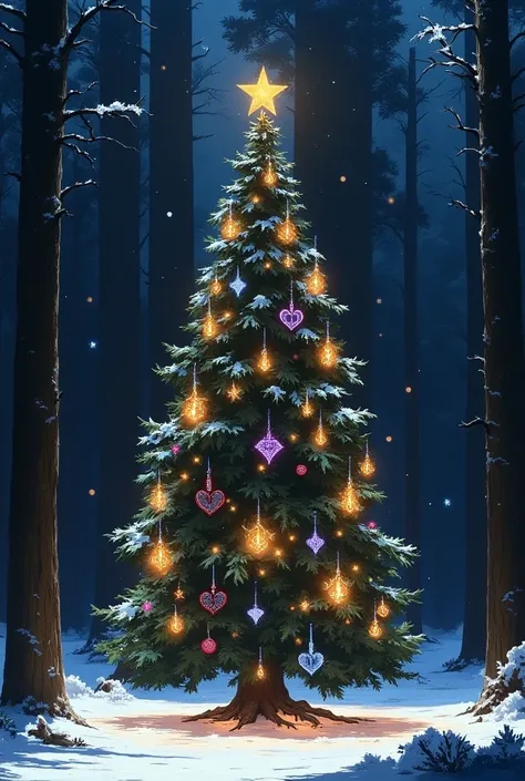 A snow-covered forest glowing under twilight, centered on an enchanted evergreen adorned with Taylor Swift-inspired ornaments: small gold guitars, white horses, purple hearts, red lips, baby blue polaroid camera, black and white snakes, and baby pink cloud...