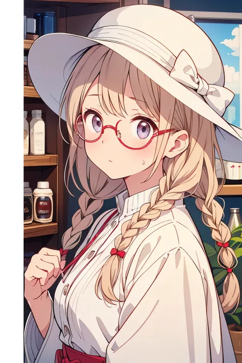 Looking up、 is shy、I have a medicine cabinet、 braids 、Worried face、Round Glasses、Im wearing a white round hat、Hair color is brown