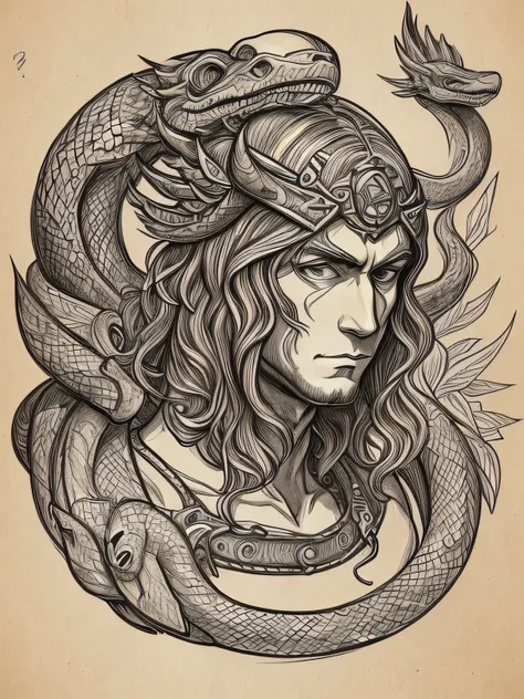 davinci sketch,Monster devil、Snake&#39;s Tail、no humans , detailed description 、sepia,(manga style),(sketch),(illustration),