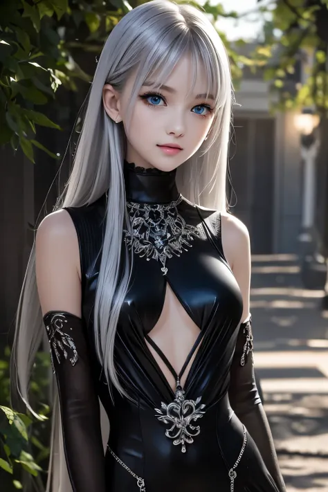 masterpiece, top quality , very detailed,photo realistic , realistic ,  ultra high resolution,  Masterpiece , pretty girl, teenager, Silver Hair, Straight Hair , perfect eyes, VERY CUTE ,slender, small breasts, thin waist ,Black clothes,( black dress),Blac...