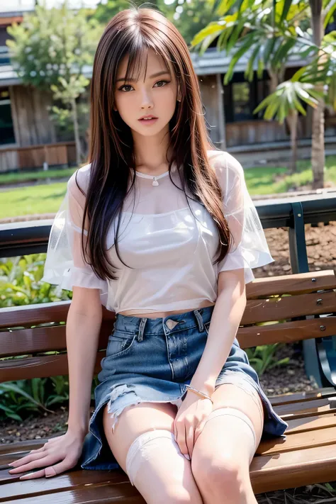 a beautiful girl sitting in a train bench, pretty girl, thin girl, young girl, small breasts, slender legs, long hair, straight hair, sitting, (legs open), spread her legs, (sleeping), she is wearing a short denim skirt , (upskirt), you can see her panties...