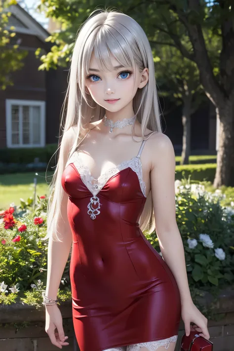 masterpiece, top quality , very detailed,photo realistic , realistic ,  ultra high resolution,  Masterpiece , pretty girl, teenager, Silver Hair, Straight Hair , perfect eyes, VERY CUTE ,slender, small breasts, thin waist , red clothes,( Red Dress ),long h...